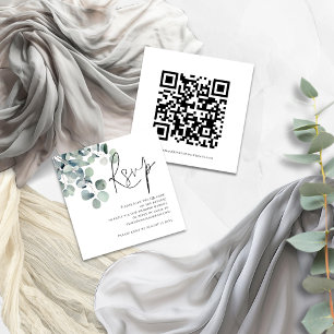 Cartão De Informações Watercolor Eucalyptus Script QR Code Weding RSVP