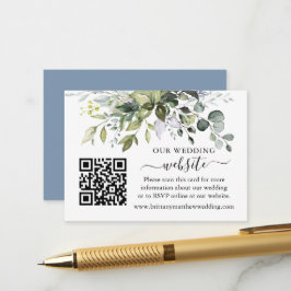 Cartão De Informações Watercolor Greenery Casamento Website QR Dusty Blu