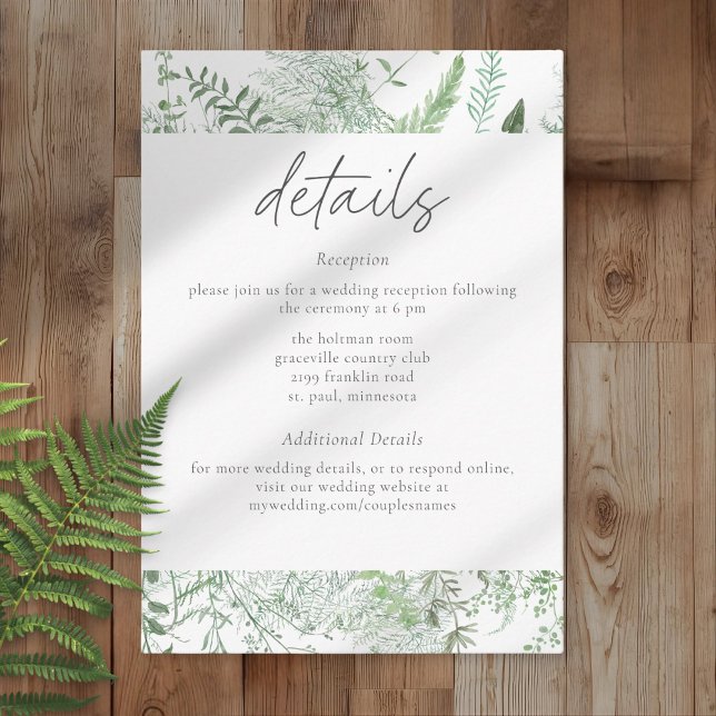 Cartão De Informações Watercolor Greenery Fern Rustic Wedding (Criador carregado)