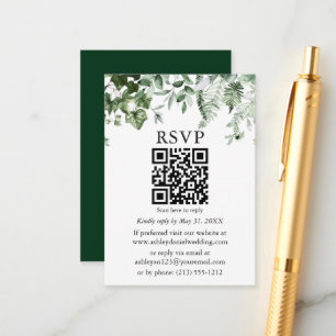 Cartão De Informações Watercolor Ivy Sage Ferns Green Wedding QR RSVP