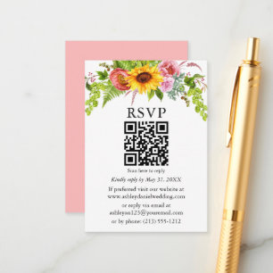 Cartão De Informações Watercolor Sunflower Floral Casamento QR RSVP Rosa