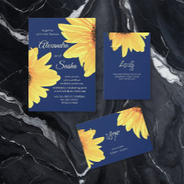 Cartão De Informações Watercolor Sunflowers dark blue Wedding