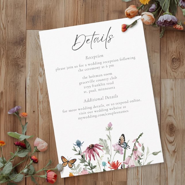 Cartão De Informações Watercolor Wildflower Butterfly Modern Wedding (Criador carregado)