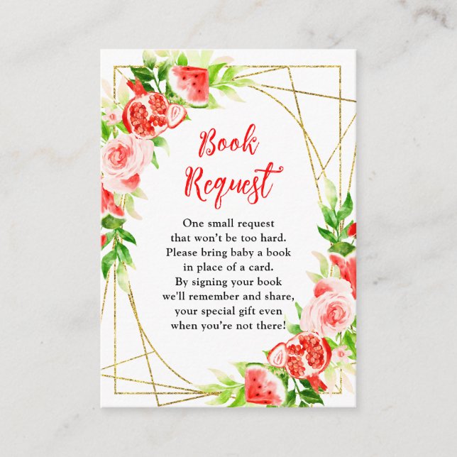 Cartão De Informações Watermelon Pomegranate Baby Shower Book Request (Frente)