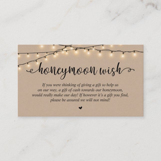 Cartão De Informações Wedding Honeymoon Fund Wish, Rustic String Lights (Frente)