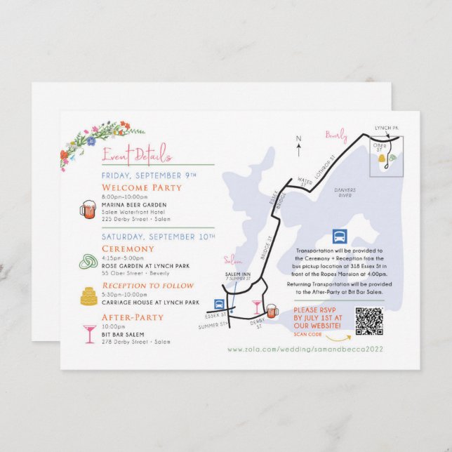 Cartão De Informações Wedding Map Enclosure Card - Custom Design Rebecca (Frente/Verso)