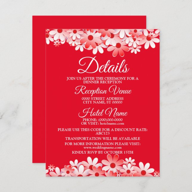 Cartão De Informações Wedding Red White Floral Detail Enclosure  (Frente/Verso)