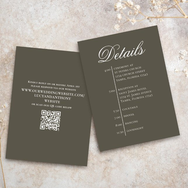 Cartão De Informações Wedding Timeline Details Simple RSVP (Simple brown enclosure card with scannable QR code.)