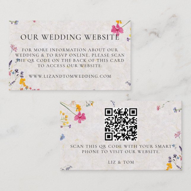 Cartão De Informações Wedding Website QR Code Wildflower Garden Blush (Frente/Verso)