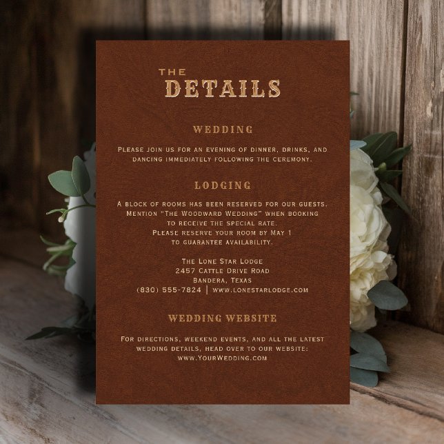 Cartão De Informações Western Terracotta Wedding Details Enclosure Card (country rustic cowboy wedding details card faux tooled leather terracotta rust western barn)