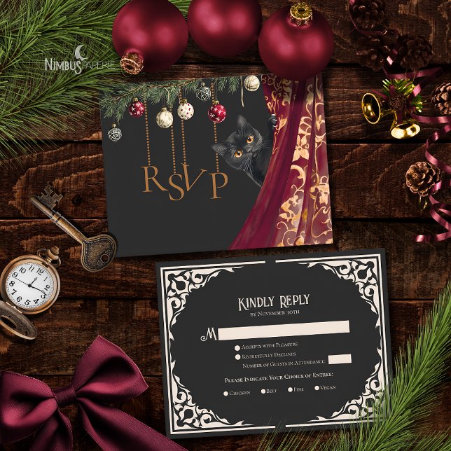 Cartão De Informações Whimsical Gothic Black Cat Holiday Party RSVP Card (Criador carregado)