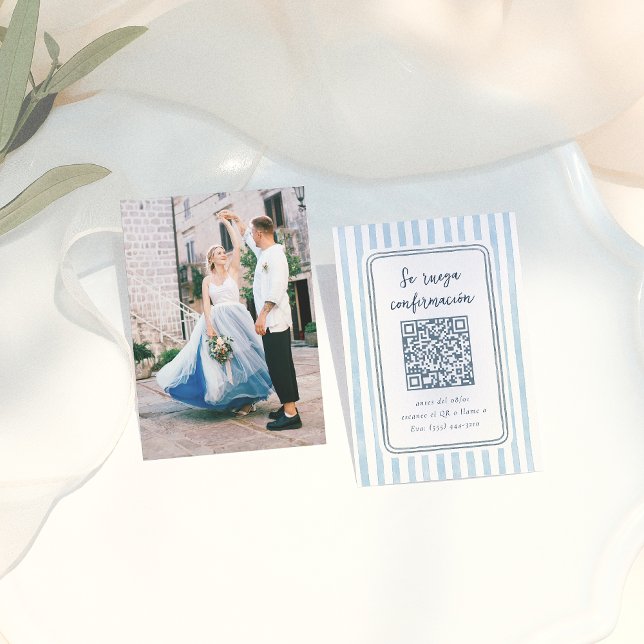 Cartão De Informações Whimsical Retro Blue Stripes Spanish Wedding RSVP (Criador carregado)