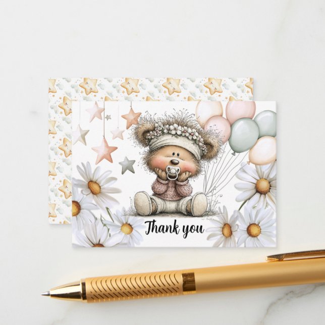 Cartão De Informações Whimsical Teddy Bear Baby Shower Thank You (Frente/Verso In Situ)