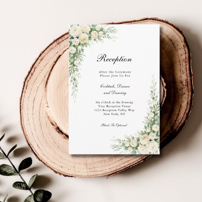 Cartão De Informações White Cream Roses Floral Wedding Reception  (White Cream Watercolor Roses Wedding Reception Enclosure card)