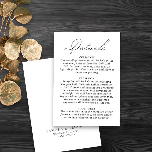 Cartão De Informações White do Script de Caligrafia Detalhes do Casament (Elegant and simple wedding details card in black and white from my Wedding Colors Collection)