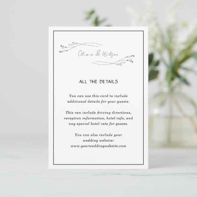 Cartão De Informações White Elegant Minimalist Botanical Wedding Details (Em pé/Frente)