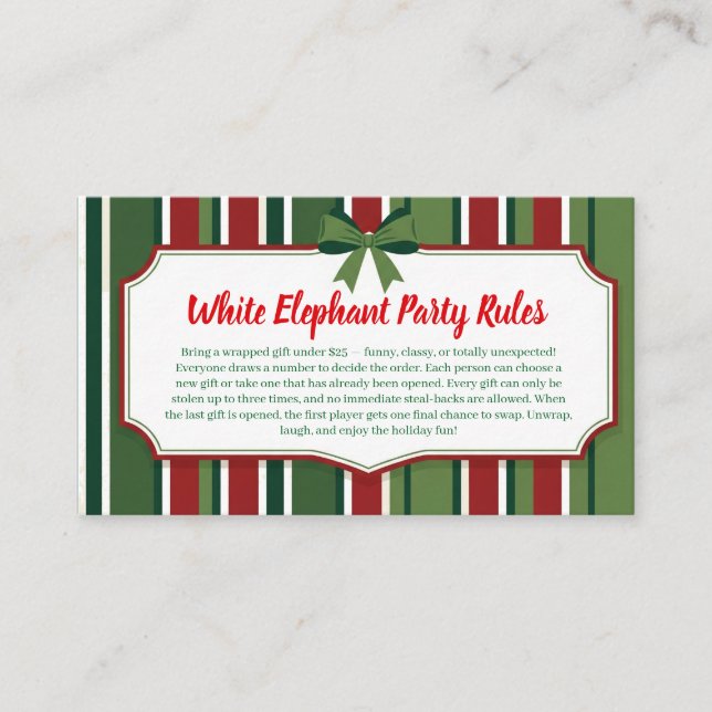 Cartão De Informações White Elephant Party Rules Card | Funny & Elegant  (Frente)