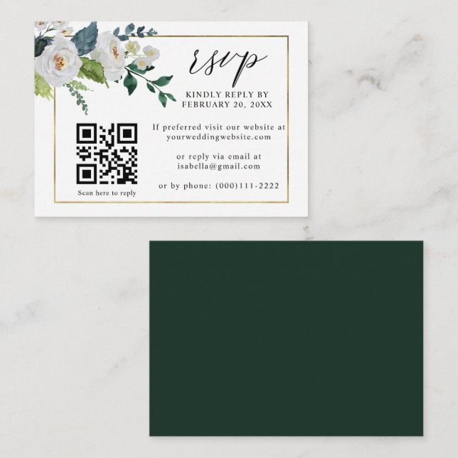Cartão De Informações White Floral Emerald Dourado Código QR Casamento R (Frente/Verso)