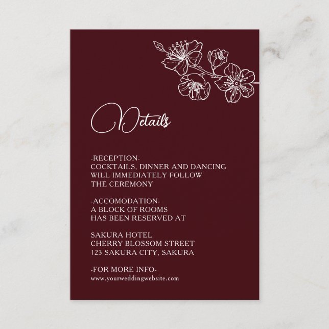 Cartão De Informações White Floral Line Art Burgundy Wedding (Frente)
