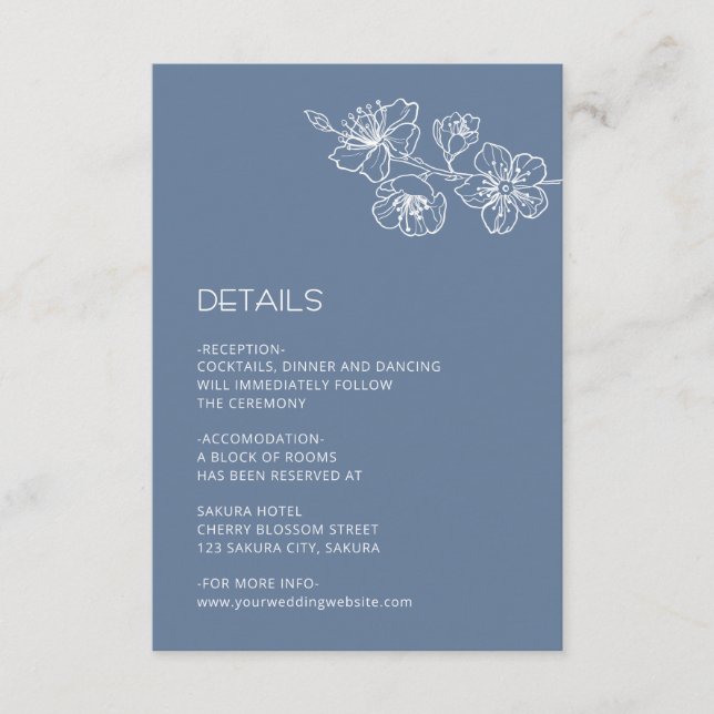 Cartão De Informações White Floral Line Art Dusty Blue Wedding (Frente)
