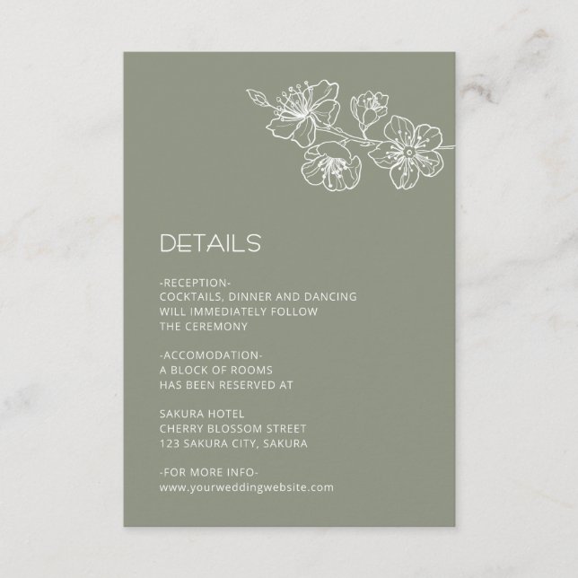 Cartão De Informações White Floral Line Art Sage Green Wedding (Frente)