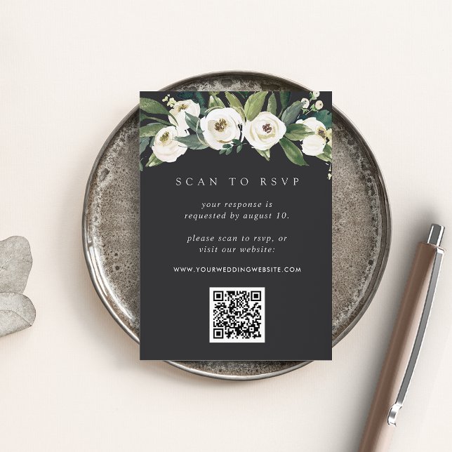 Cartão De Informações White Peony | RSVP de Casamento de Código QR Flora (Criador carregado)