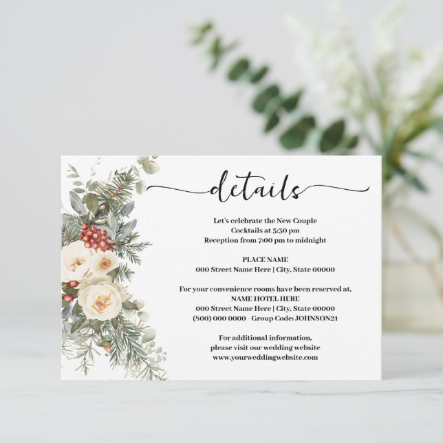 Cartão De Informações White Winter Flowers Wedding Details Insert Card (Em pé/Frente)