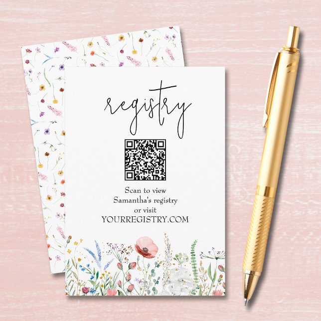 Cartão De Informações Wildflower Bridal Shower Registry (Wildflower bridal shower QR code registry enclosure cards, default size 3.5" x 5")