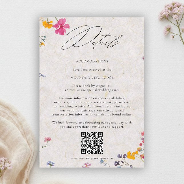 Cartão De Informações Wildflower Petal Elegant QR Code Wedding Details (wildflower wedding details qr watercolor garden backyard barn summer spring elegant pink blush)