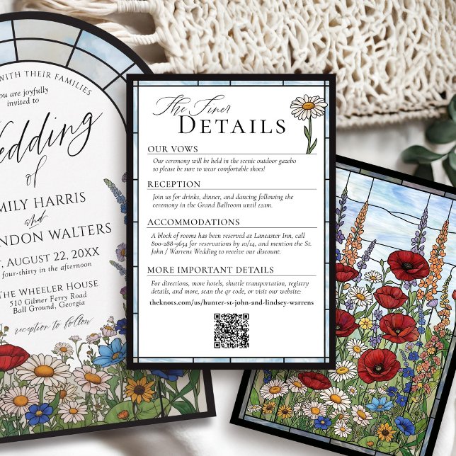 Cartão De Informações Wildflower Stained Glass Floral Wedding Details (Elegant modern wildflower stained glass unique poppy daisy sunflower wedding invitation details card)
