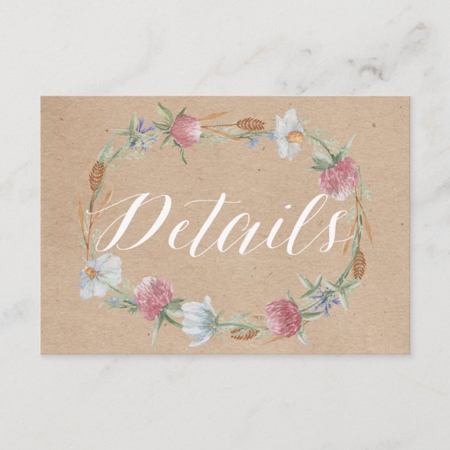 Cartão De Informações Wildflower Wreath Sobre O Casamento De Kraft Count (Frente)