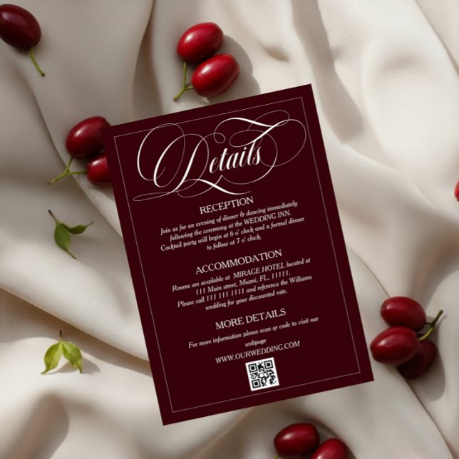 Cartão De Informações Wine Red Elegant Calligraphy Wedding Details (Criador carregado)