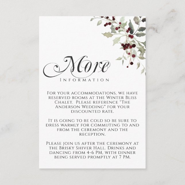 Cartão De Informações Winter Holly Berry More Information Wedding (Frente)