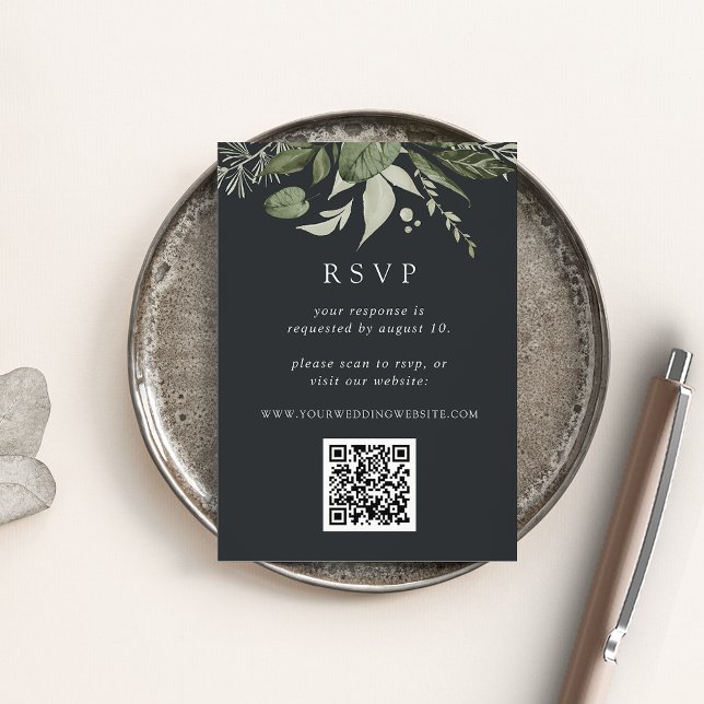 Cartão De Informações Winter Meadow Green Botanical Code QR Casamento RS (Criador carregado)