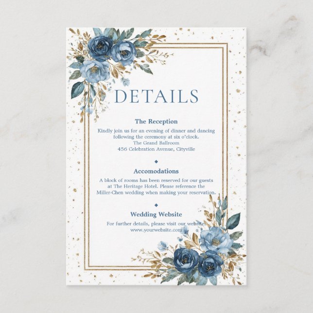 Cartão De Informações Winter Sky Navy and Gold Floral Wedding (Frente)