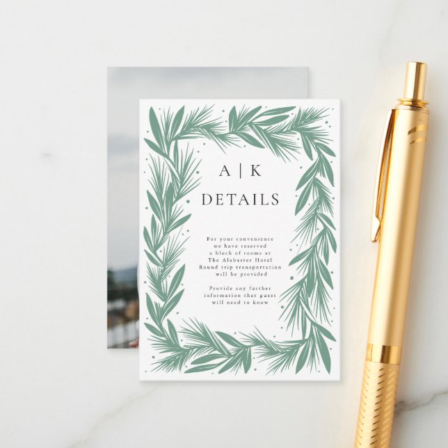 Cartão De Informações Winter Wreath Modern Wedding Details Green (Frente/Verso In Situ)