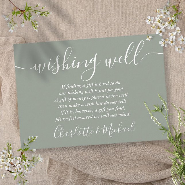 Cartão De Informações Wishing Bem Signature Sage Green Weding (Wishing Well Signature Script Sage Green Wedding Enclosure Card)