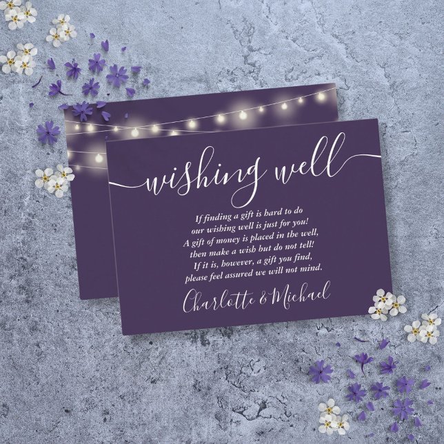 Cartão De Informações Wishing Bem String Luzes Púrpura Casamento (Wishing Well String Lights Purple Wedding Enclosure Card)
