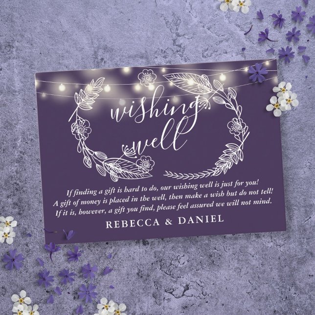 Cartão De Informações Wishing Bem String Luzes Púrpura Casamento (Wishing Well String Lights Purple Wedding Enclosure Card)