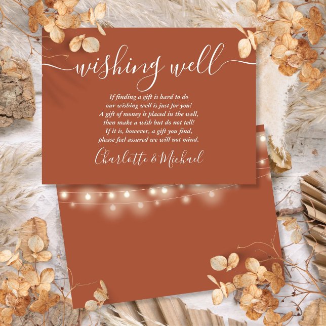 Cartão De Informações Wishing Bem String Luzes Terracotta Casamento (Wishing Well String Lights Terracotta Wedding Enclosure Card)