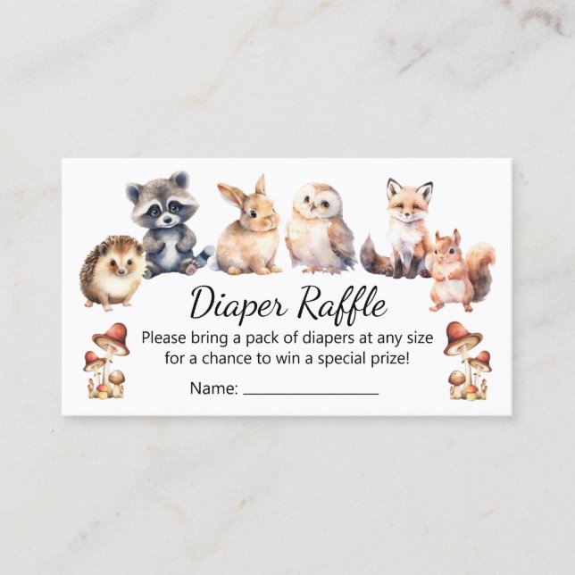 Cartão De Informações woodland animals diaper raffle baby shower  (Frente)