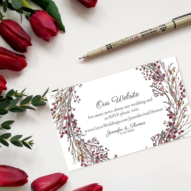 Cartão De Informações Wreath Floral Wedding Website | Vermelho escarlate (Criador carregado)