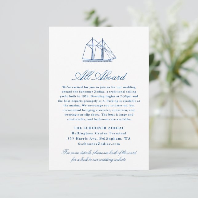 Cartão De Informações Yacht Wedding Details Schooner Zodiac (Em pé/Frente)