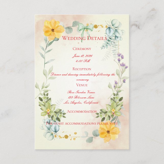 Cartão De Informações Yellow and Pink Floral Wedding Enclosure Card (Frente)