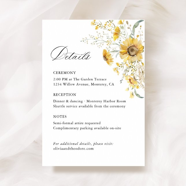 Cartão De Informações Yellow Wildflower Sunflower Wedding Details, Info (Yellow sunflower wildflower wedding information details card, watercolor floral wedding stationery)