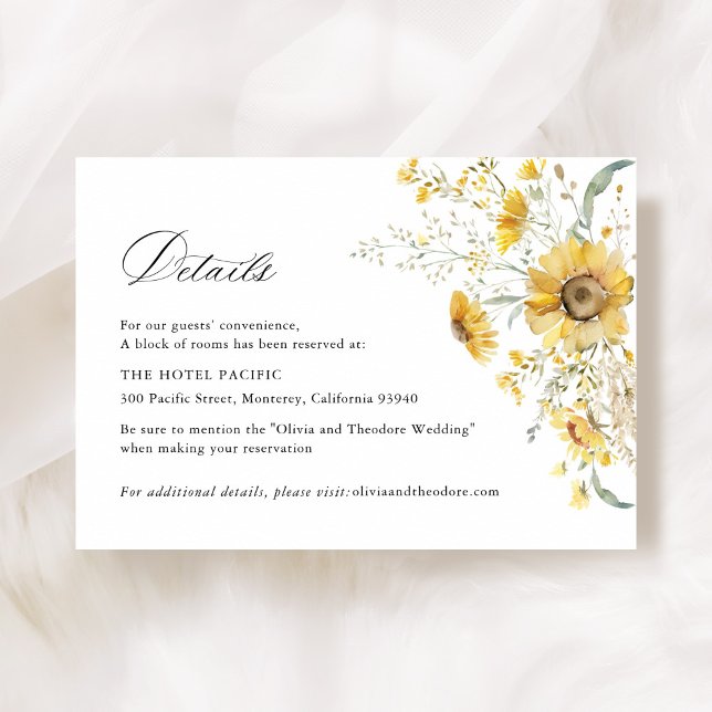 Cartão De Informações Yellow Wildflower Sunflower Wedding Hotel Details (Yellow sunflower wildflower wedding hotel accommodation details card, floral wedding stationery)