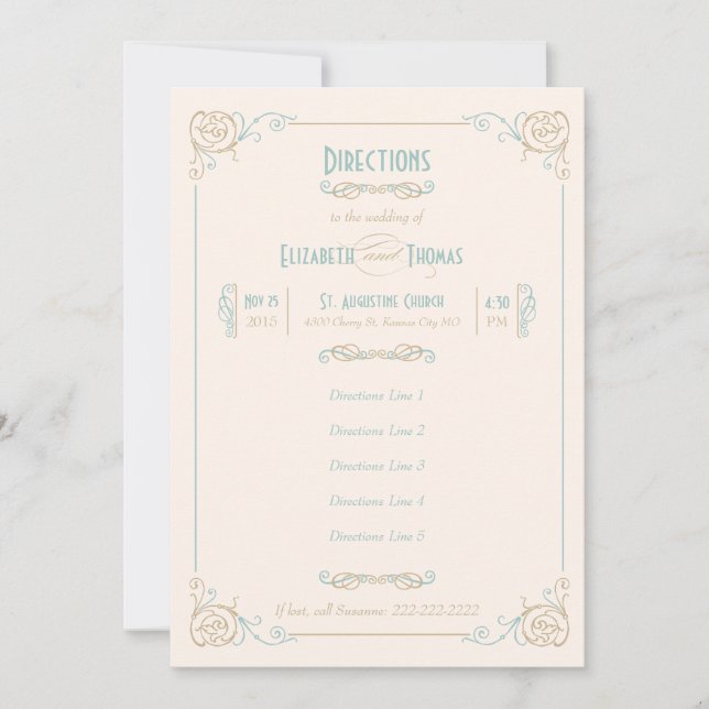 Cartão de Inserção Azul e Creme Art Deco Chique (Frente)