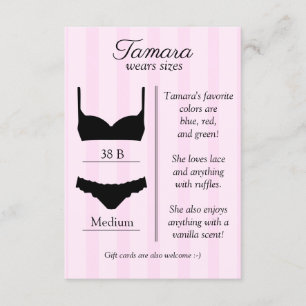 Cartão de Inserção de Tamanho de Lingerie de Noiva