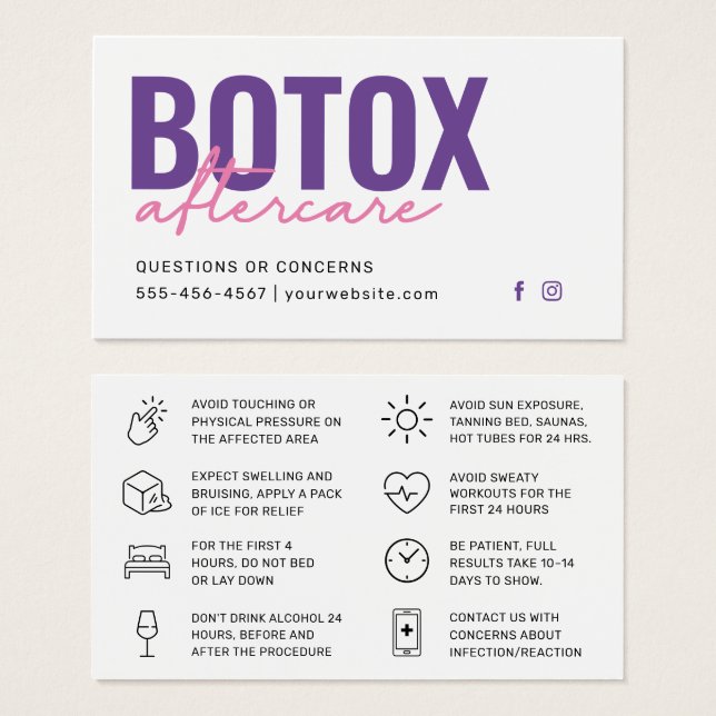 Cartão de Instrução Pós-Cuidados com Encher Botox (Frente & Verso)