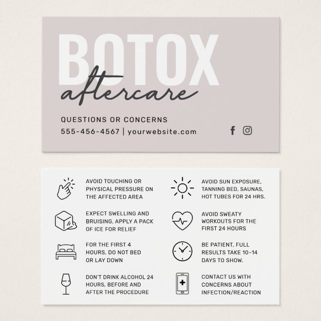 Cartão de Instrução Pós-Cuidados com Encher Botox (Frente & Verso)